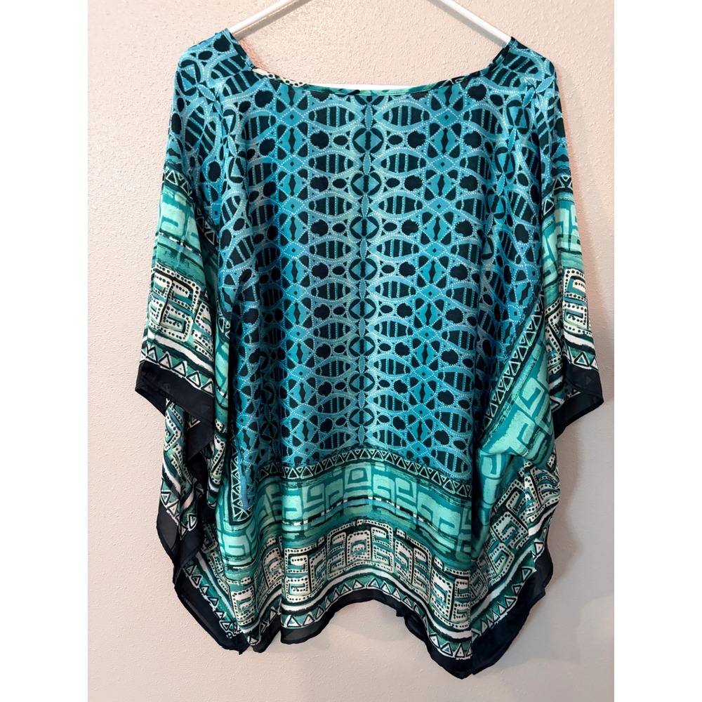 Chico's Blue Batik Print Kaftan Tunic Top V-Neck poncho shall artsy art to wear - Picture 3 of 5